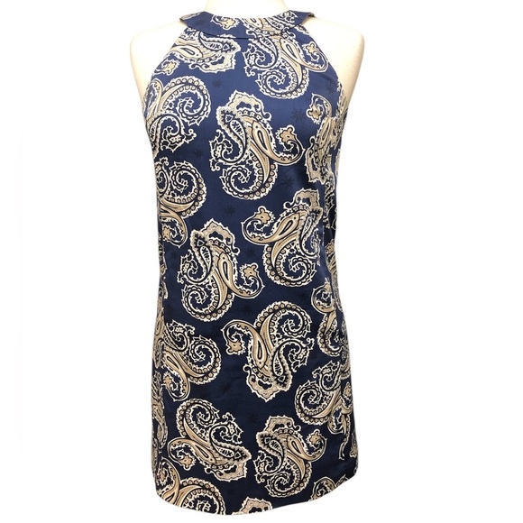 Ann Taylor Loft High Halter Neck Navy Blue with White & Tan Paisley Print Dress - Picture 3 of 7